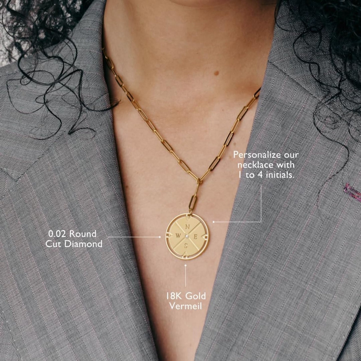 Custom Engraved Compass Necklace with Diamond - Personalised Interlocking Pendant with Initials - Gift for Her, Women - For Birthday, Mother's Day, Christmas