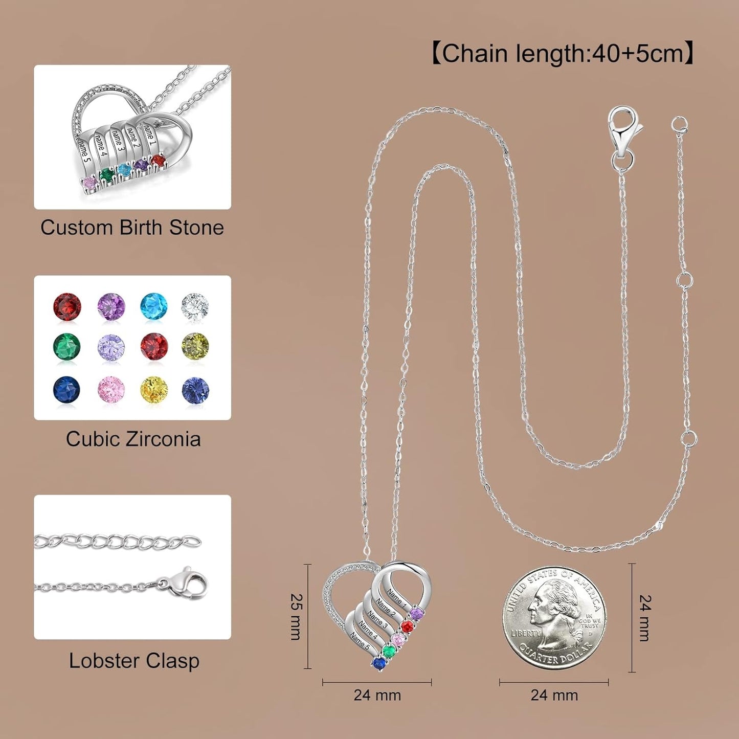 Custom Personalized Heart Necklace with 2-6 Simulated Birthstones Custom Name Mother Daughter Chain Pendant for Women Mom Birthday
