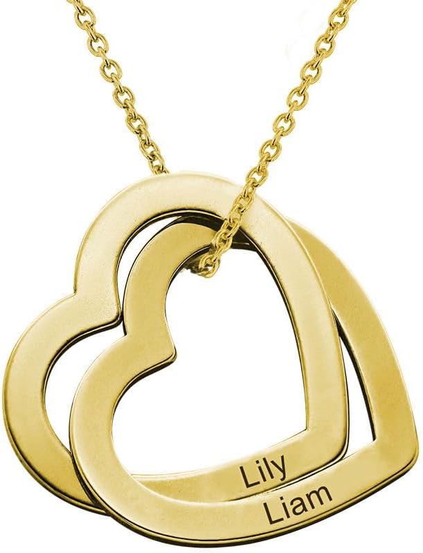Custom Personalized Love Locked Hearts Necklace with Names - Custom Engraved Couple Name Inscription - Two Interlocking Heart Pendant - Jewelry Gift for Women Wife Her