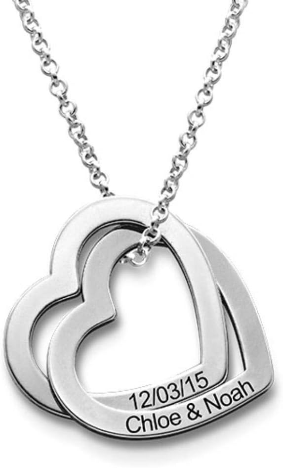 Custom Personalized Love Locked Hearts Necklace with Names - Custom Engraved Couple Name Inscription - Two Interlocking Heart Pendant - Jewelry Gift for Women Wife Her