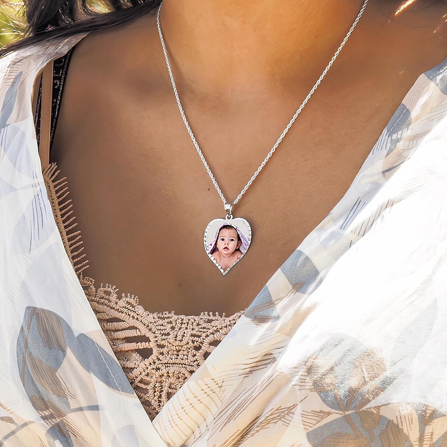 customized Personalized Photo Engraved Heart Shaped Picture Necklace with Diamond Cut Edge in Silver, Gold, White Gold or Rose Gold
