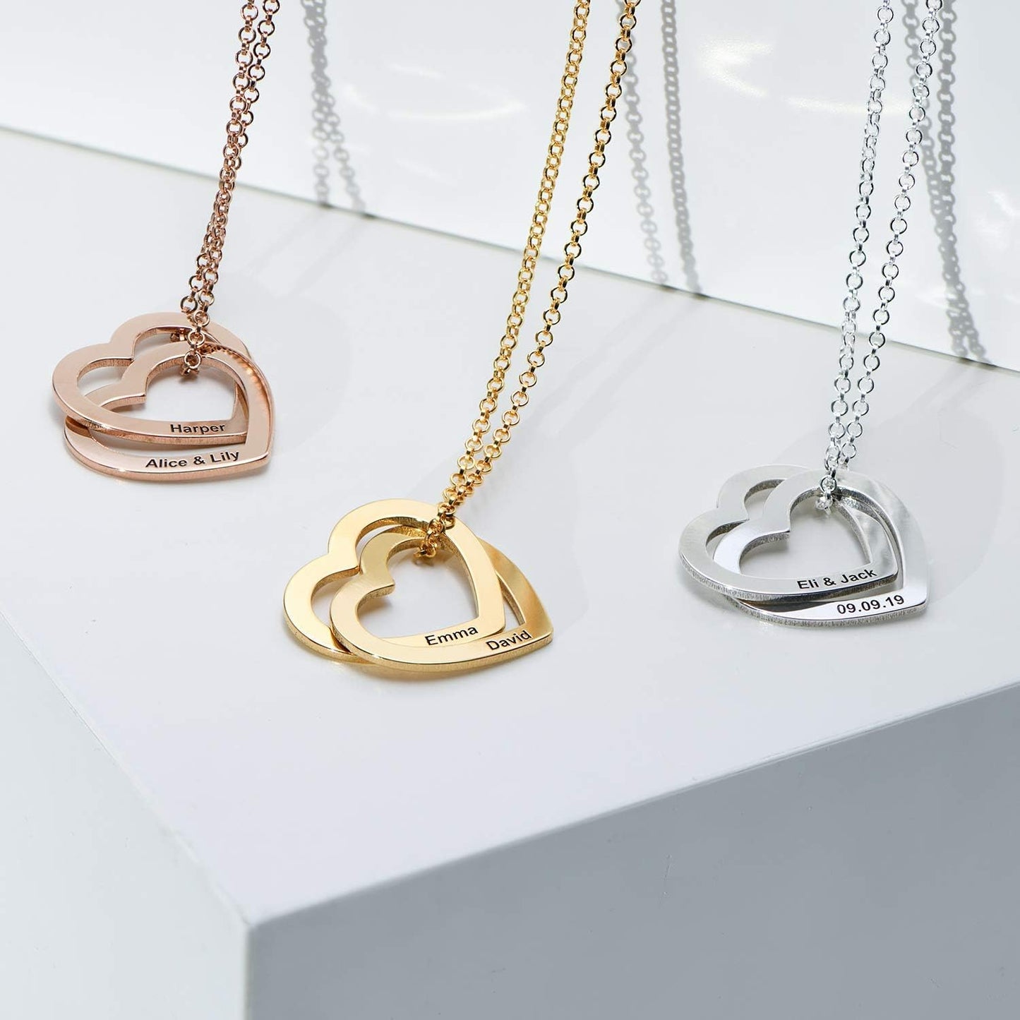 Custom Personalized Love Locked Hearts Necklace with Names - Custom Engraved Couple Name Inscription - Two Interlocking Heart Pendant - Jewelry Gift for Women Wife Her