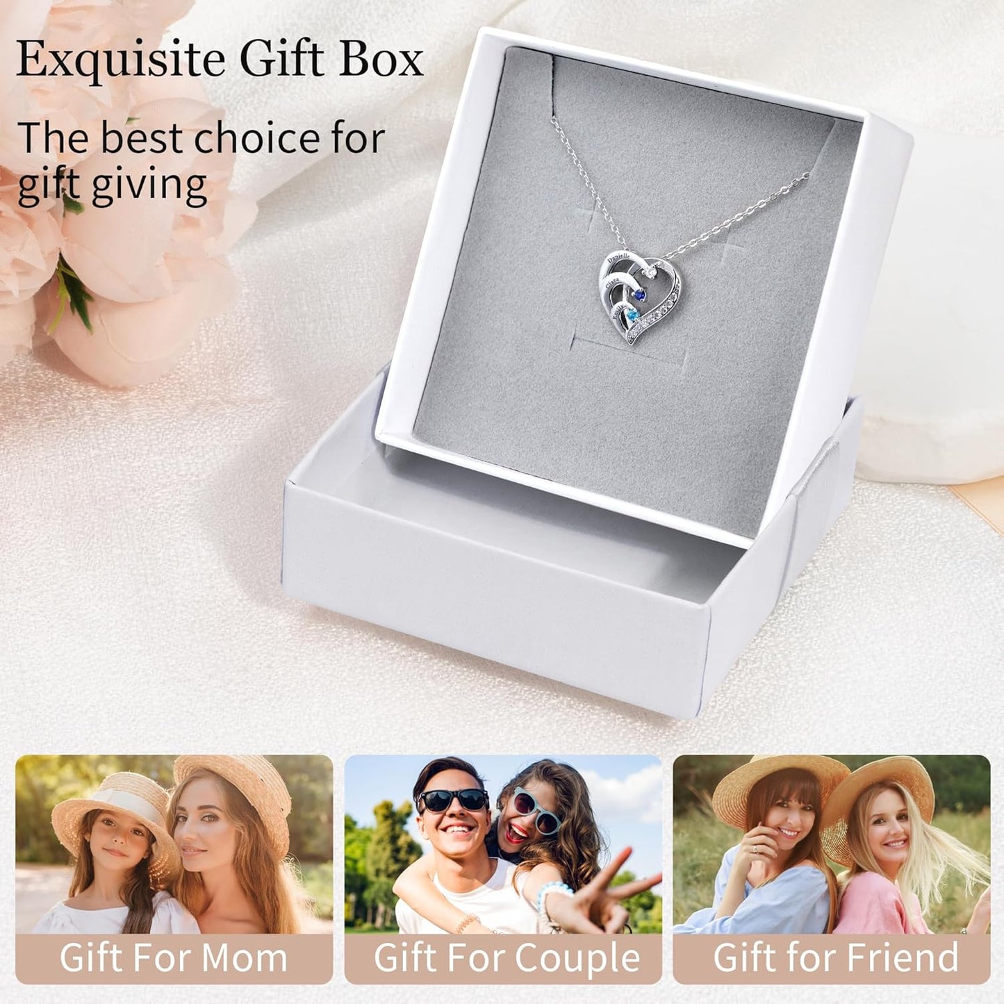 Custom Name Necklace with Simulated Birthstones Customized Promise Necklace Heart Pendant with Engraved Names - Anniversary Birthday Jewelry Gifts for Women Wife Mom Grandma Mothers Day