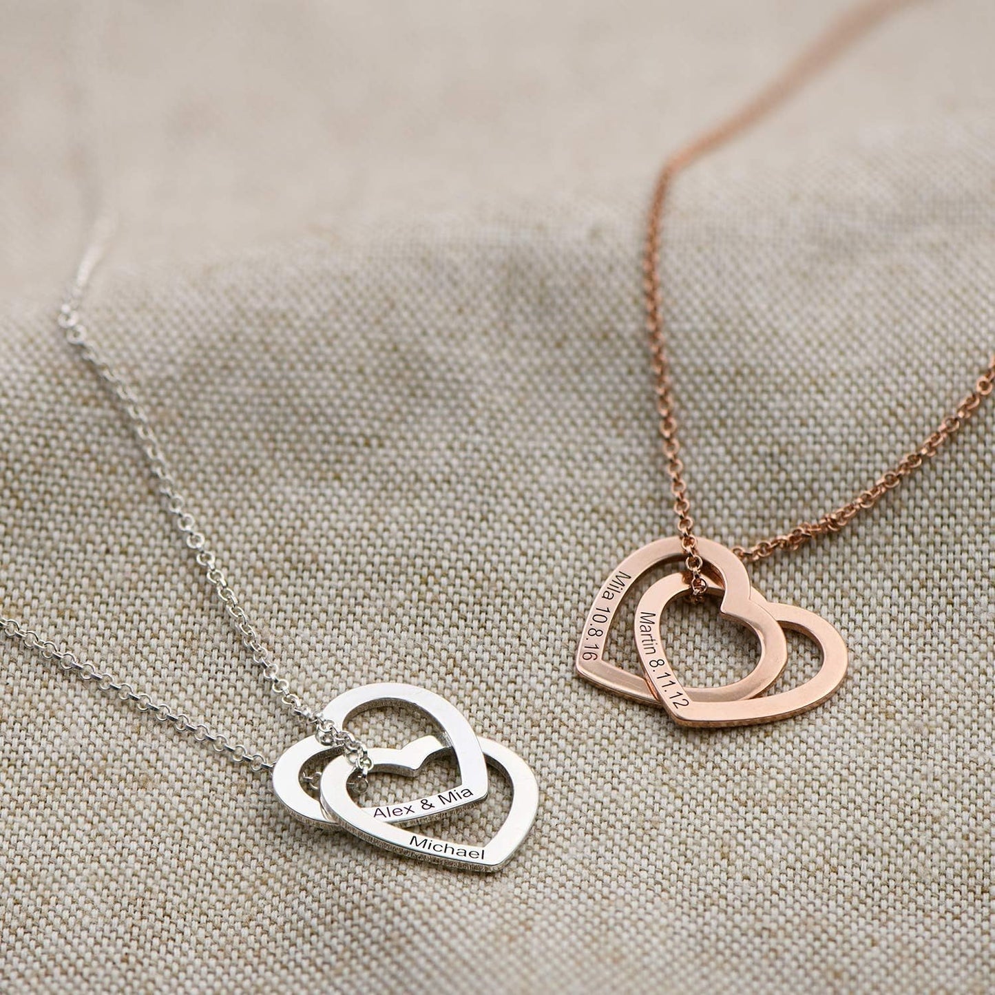 Custom Personalized Love Locked Hearts Necklace with Names - Custom Engraved Couple Name Inscription - Two Interlocking Heart Pendant - Jewelry Gift for Women Wife Her