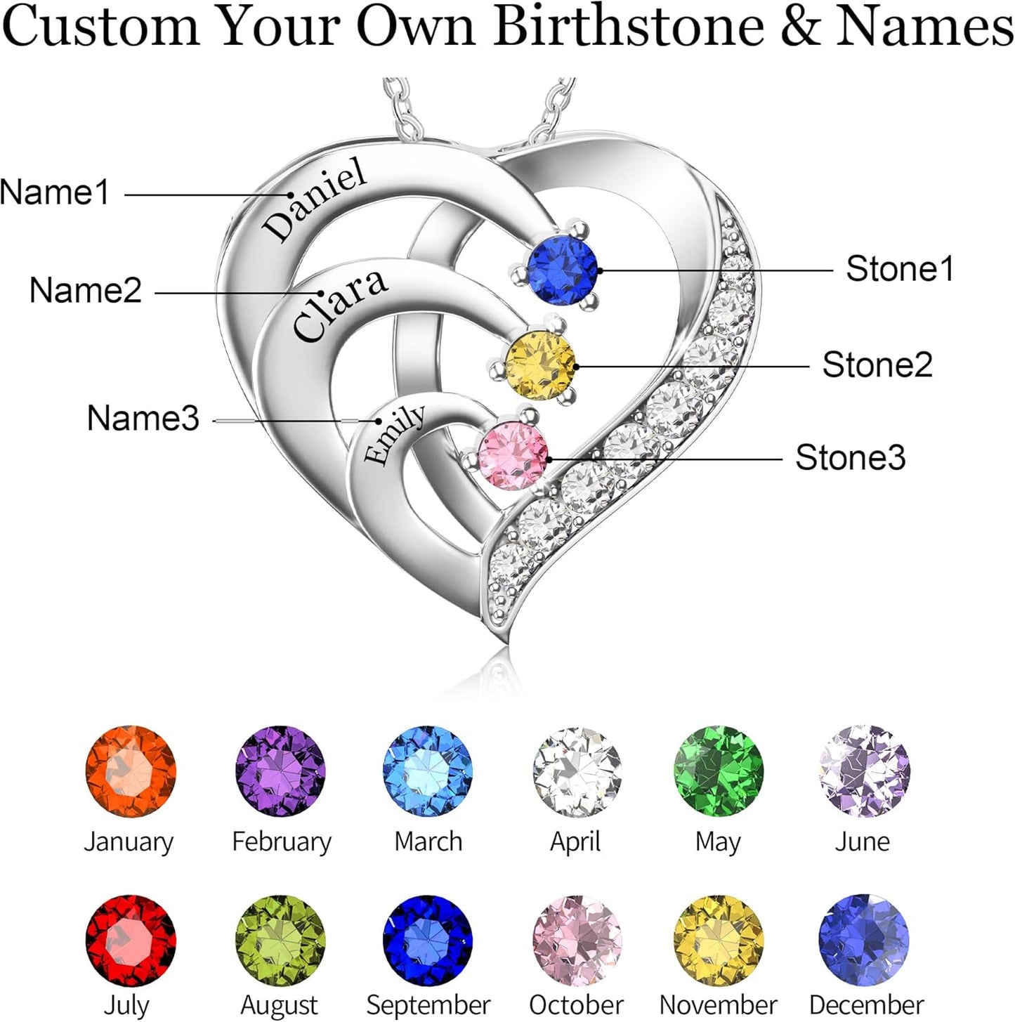 Custom Name Necklace with Simulated Birthstones Customized Promise Necklace Heart Pendant with Engraved Names - Anniversary Birthday Jewelry Gifts for Women Wife Mom Grandma Mothers Day