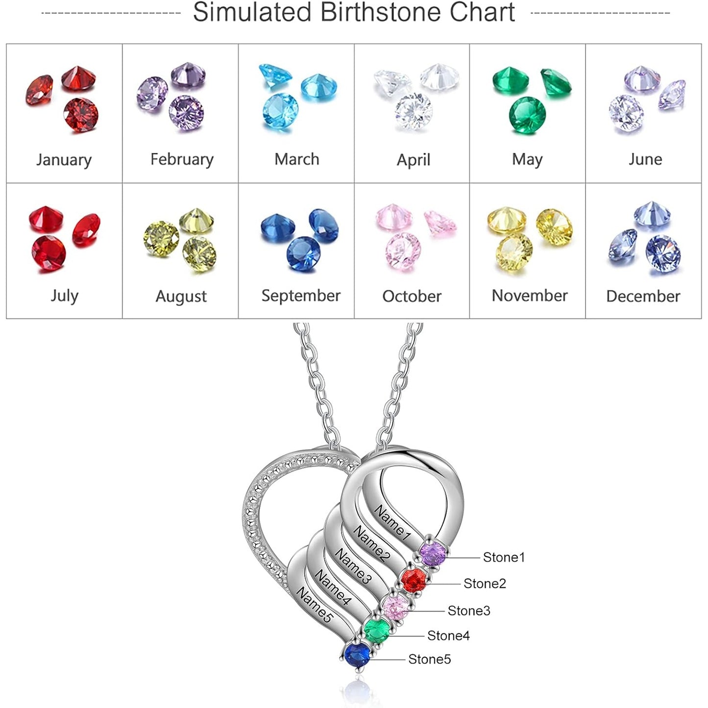 Custom Personalized Heart Necklace with 2-6 Simulated Birthstones Custom Name Mother Daughter Chain Pendant for Women Mom Birthday