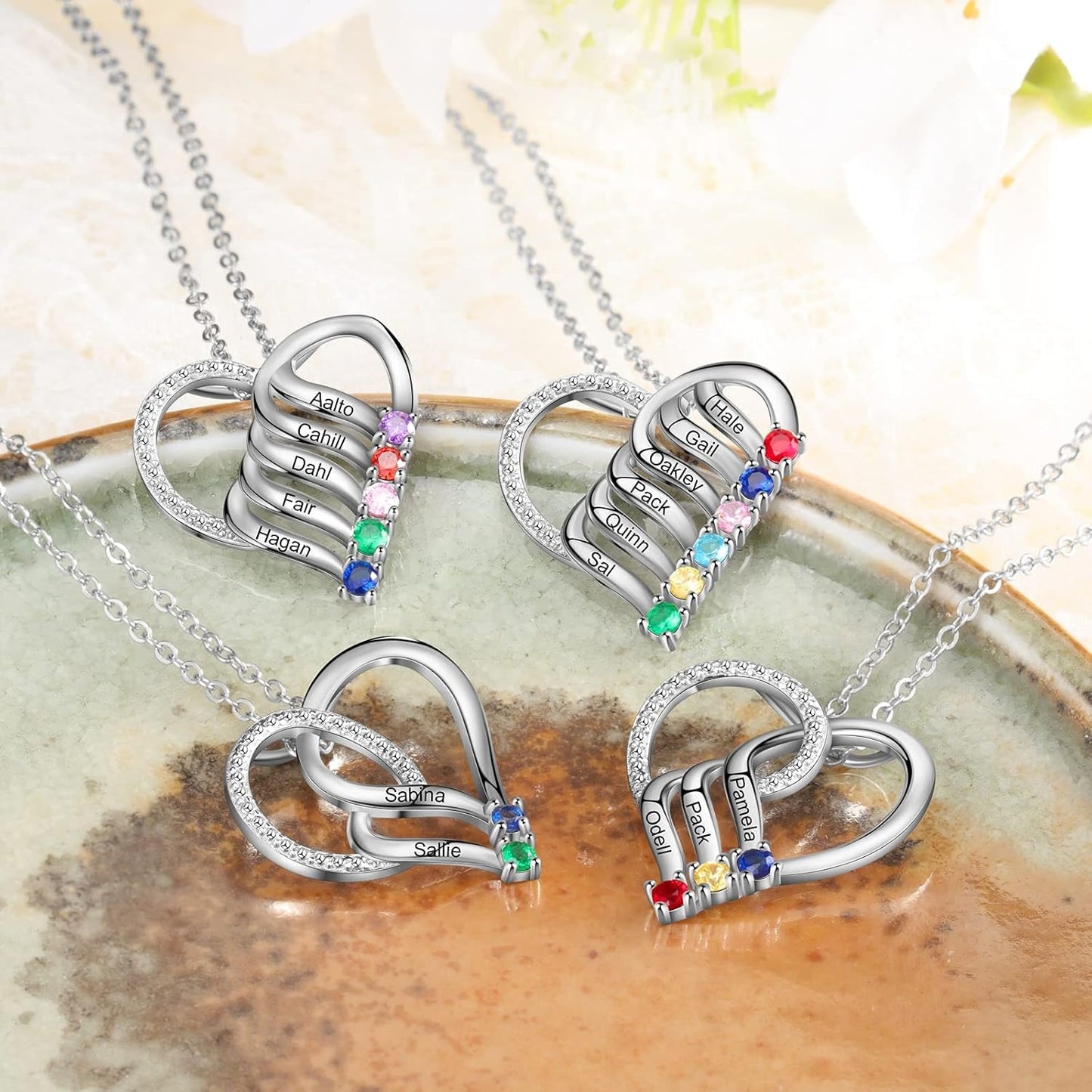 Custom Personalized Heart Necklace with 2-6 Simulated Birthstones Custom Name Mother Daughter Chain Pendant for Women Mom Birthday