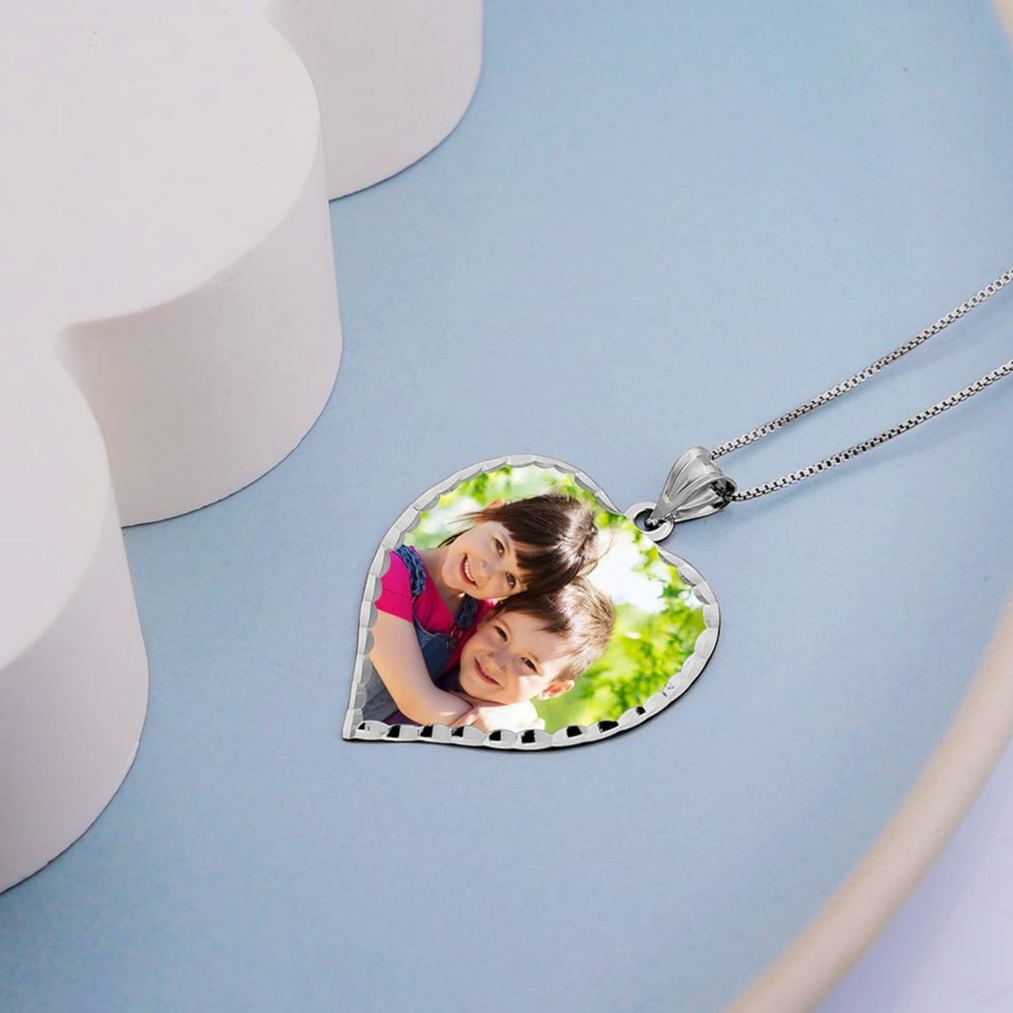 customized Personalized Photo Engraved Heart Shaped Picture Necklace with Diamond Cut Edge in Silver, Gold, White Gold or Rose Gold
