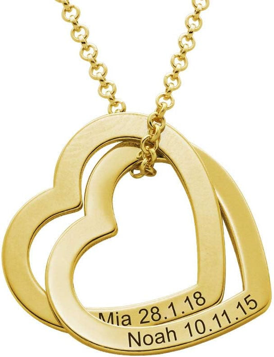 Custom Personalized Love Locked Hearts Necklace with Names - Custom Engraved Couple Name Inscription - Two Interlocking Heart Pendant - Jewelry Gift for Women Wife Her