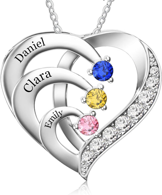 Custom Name Necklace with Simulated Birthstones Customized Promise Necklace Heart Pendant with Engraved Names - Anniversary Birthday Jewelry Gifts for Women Wife Mom Grandma Mothers Day