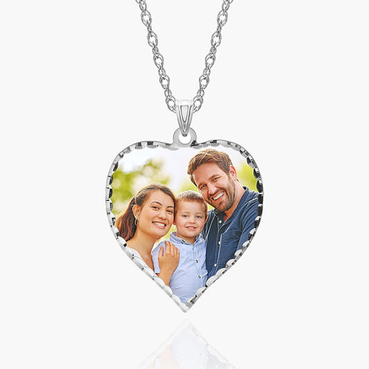 customized Personalized Photo Engraved Heart Shaped Picture Necklace with Diamond Cut Edge in Silver, Gold, White Gold or Rose Gold