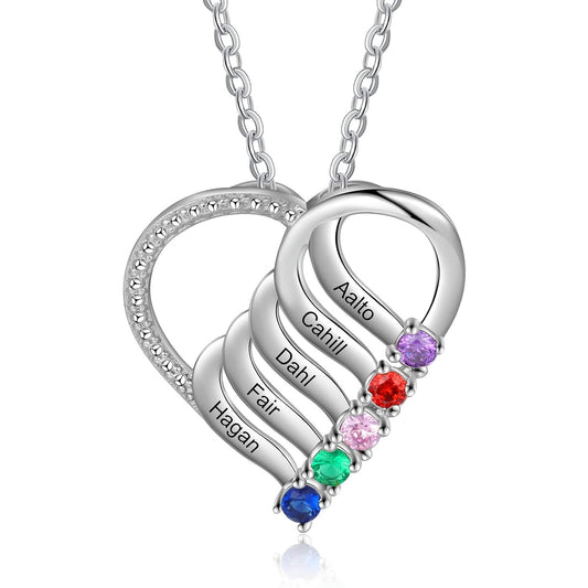 Custom Personalized Heart Necklace with 2-6 Simulated Birthstones Custom Name Mother Daughter Chain Pendant for Women Mom Birthday